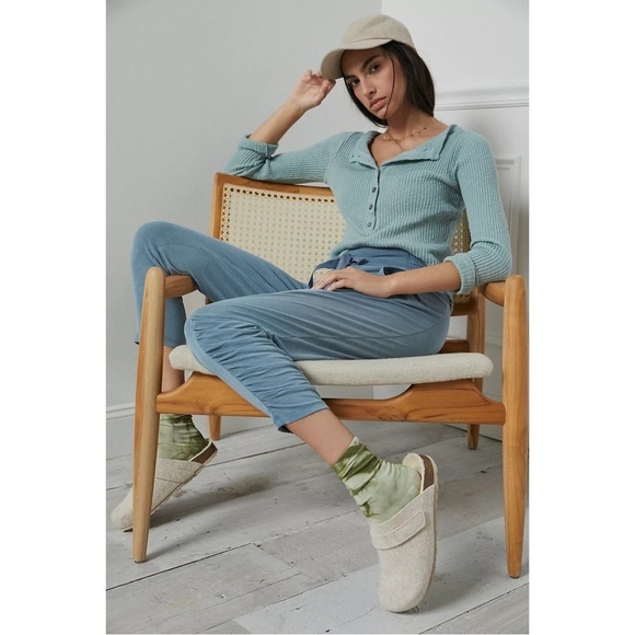 ANTHROPOLOGIE Blue Ruched Joggers Smocked Waist Pants Workout Petite Size LP NWT - Picture 5 of 10